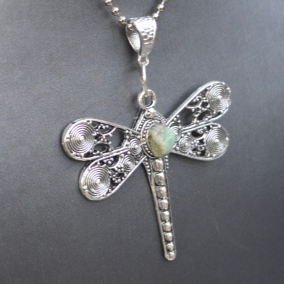 Antique Obsessions Jewelry - Genuine Emerald Gemstone Pendant Dragonfly Silver